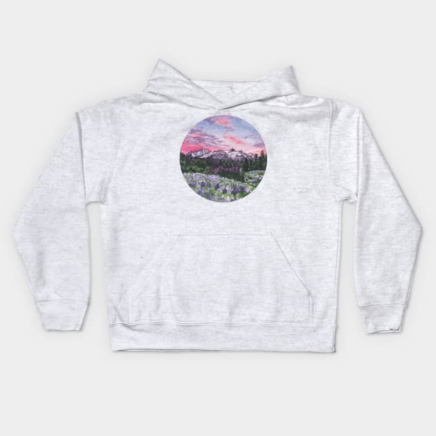 Purple Skies with Mountains and Fields Watercolour Landscape Painting Kids Hoodie by Flowering Words